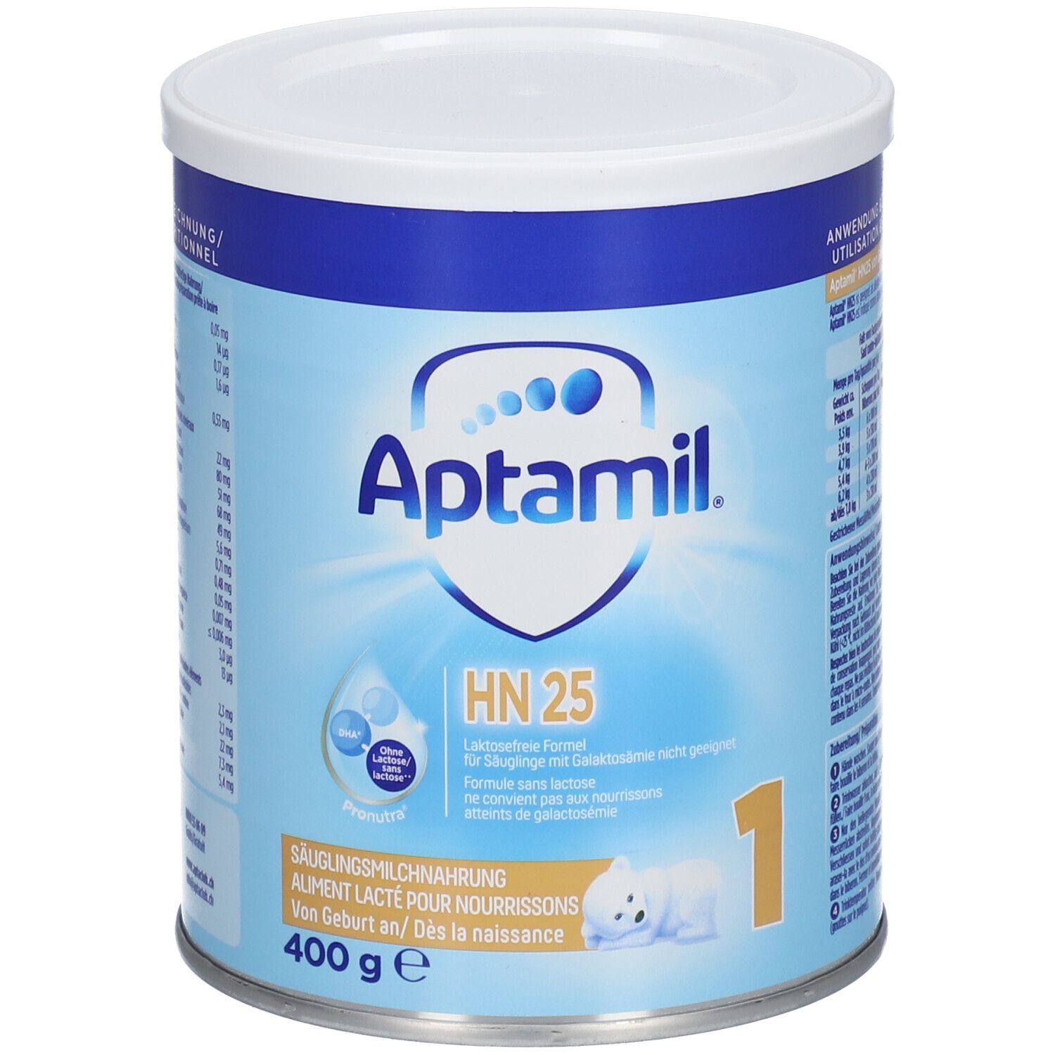 Boîte de lait infantile Aptamil HN 25. Boîte bleue et blanche avec informations et logo du produit.