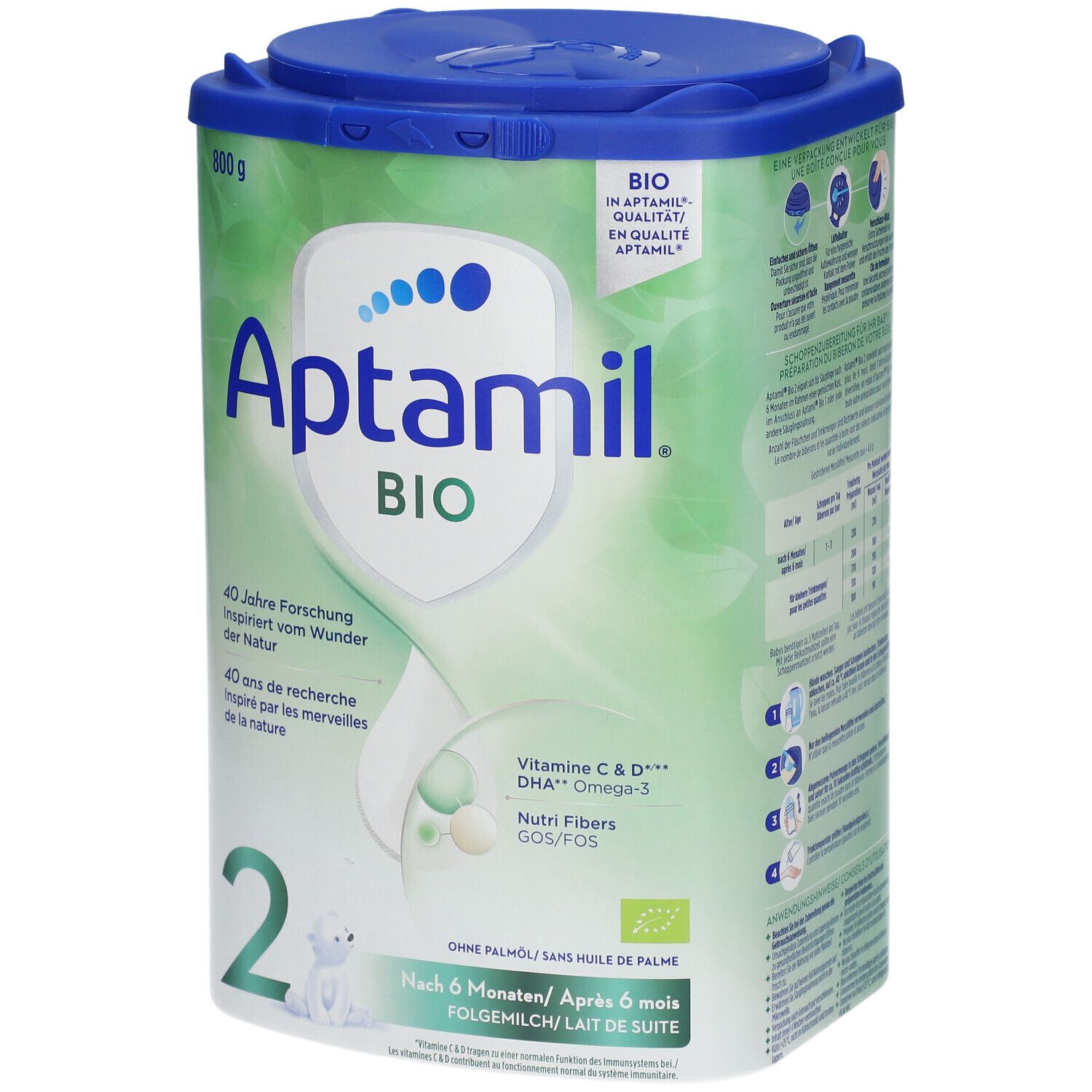 Boîte de lait de suite Aptamil Bio 2. Design vert et blanc avec nom du produit et informations sur les ingrédients. 800g.