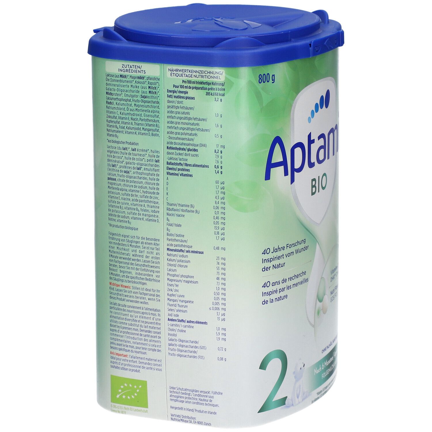 Dos de la boîte Aptamil Bio 2. Contient des informations nutritionnelles et une liste d'ingrédients. Label bio visible.