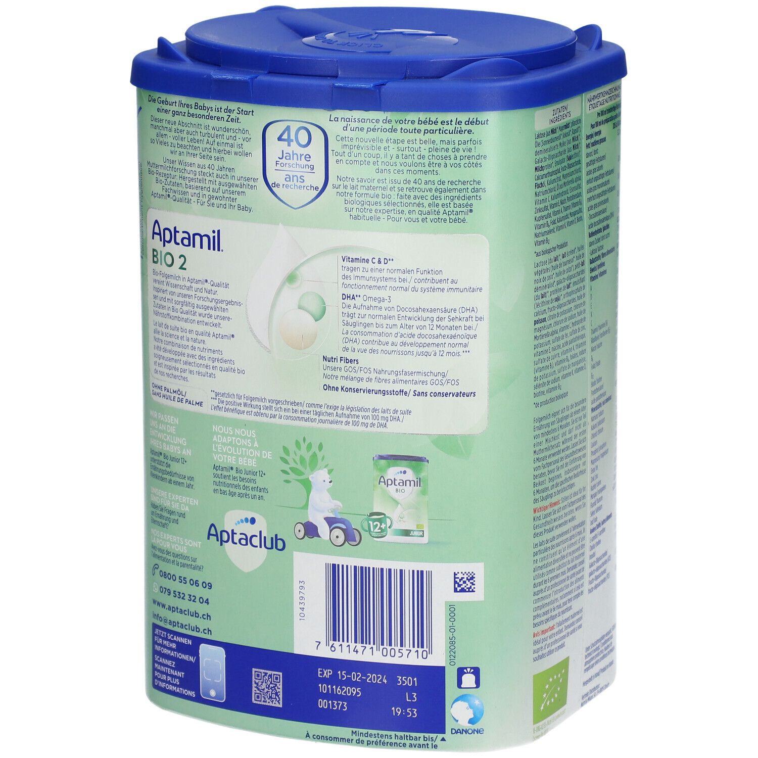 Dos de la boîte Aptamil Bio 2. Contient des informations, un code-barres et le label bio. Logo Aptaclub.