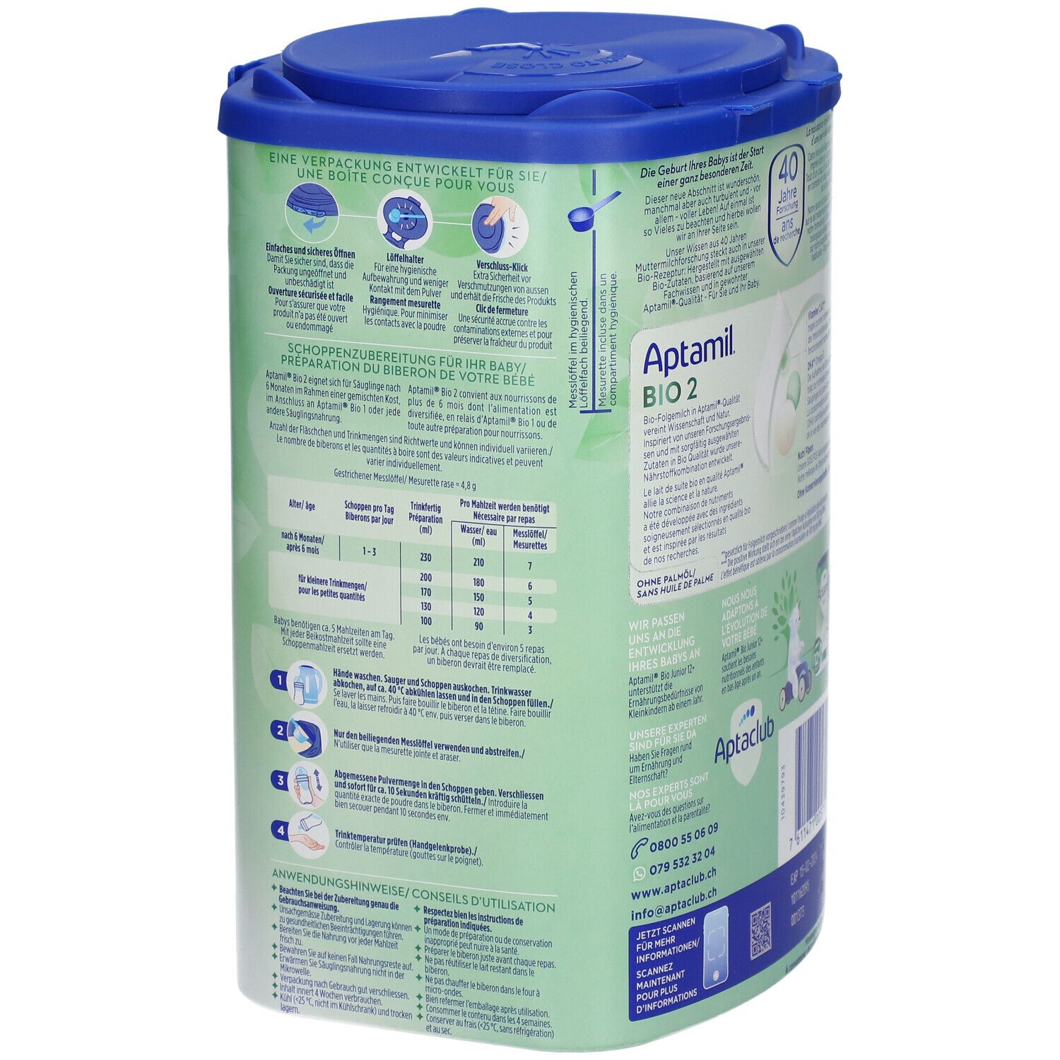 Dos de la boîte Aptamil Bio 2. Instructions de préparation et de dosage. Divers symboles.