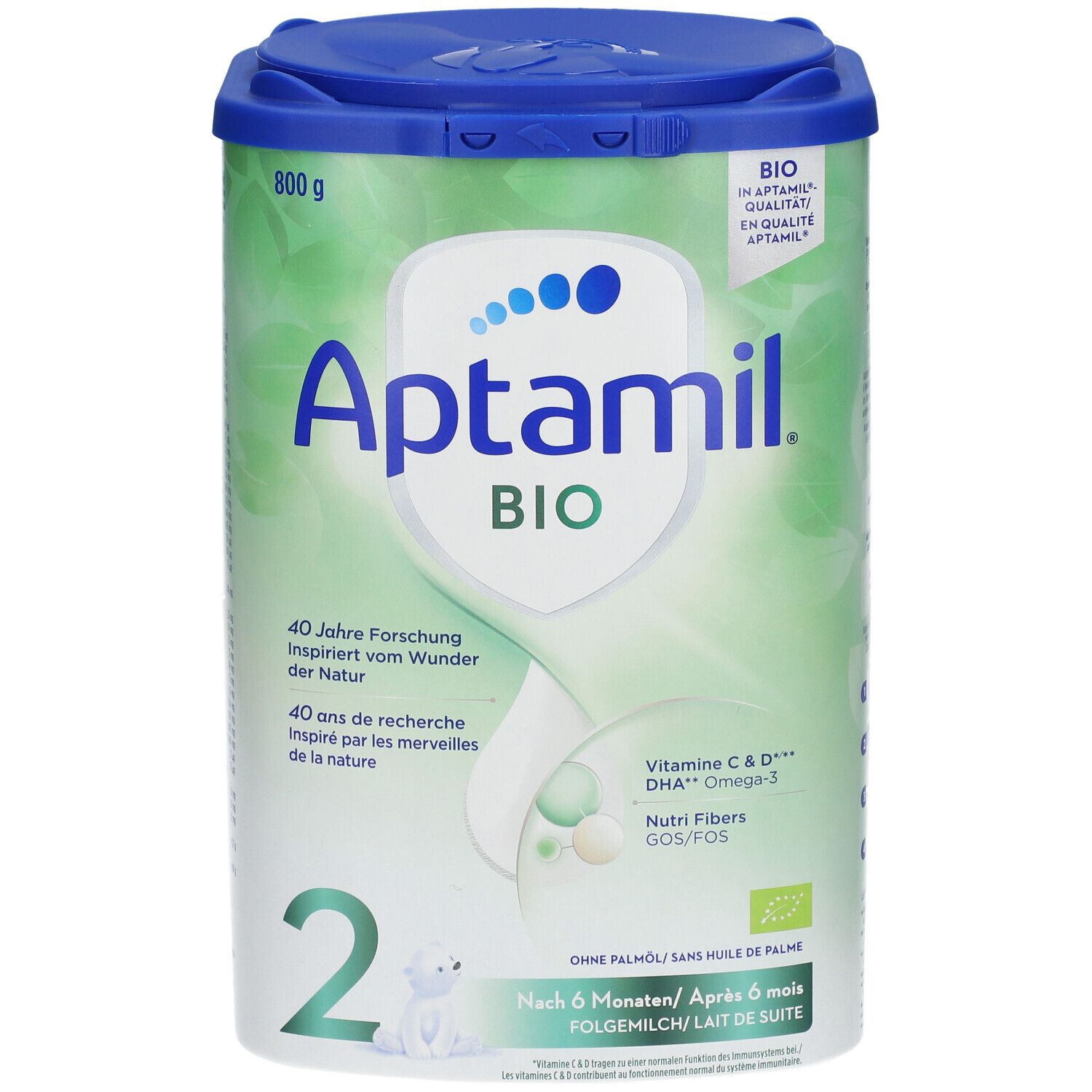 Boîte de lait de suite Aptamil Bio 2. Design vert et blanc avec nom du produit et informations sur les ingrédients. 800g.