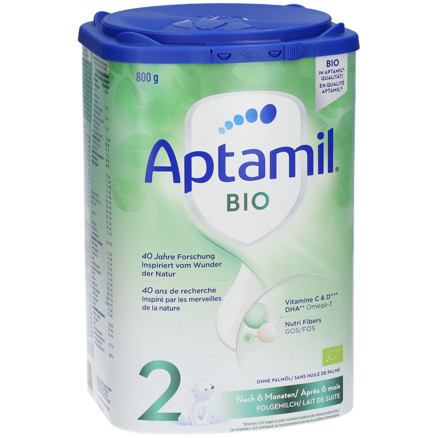 Boîte de lait de suite Aptamil Bio 2. Design vert et blanc avec nom du produit et informations sur les ingrédients. 800g.