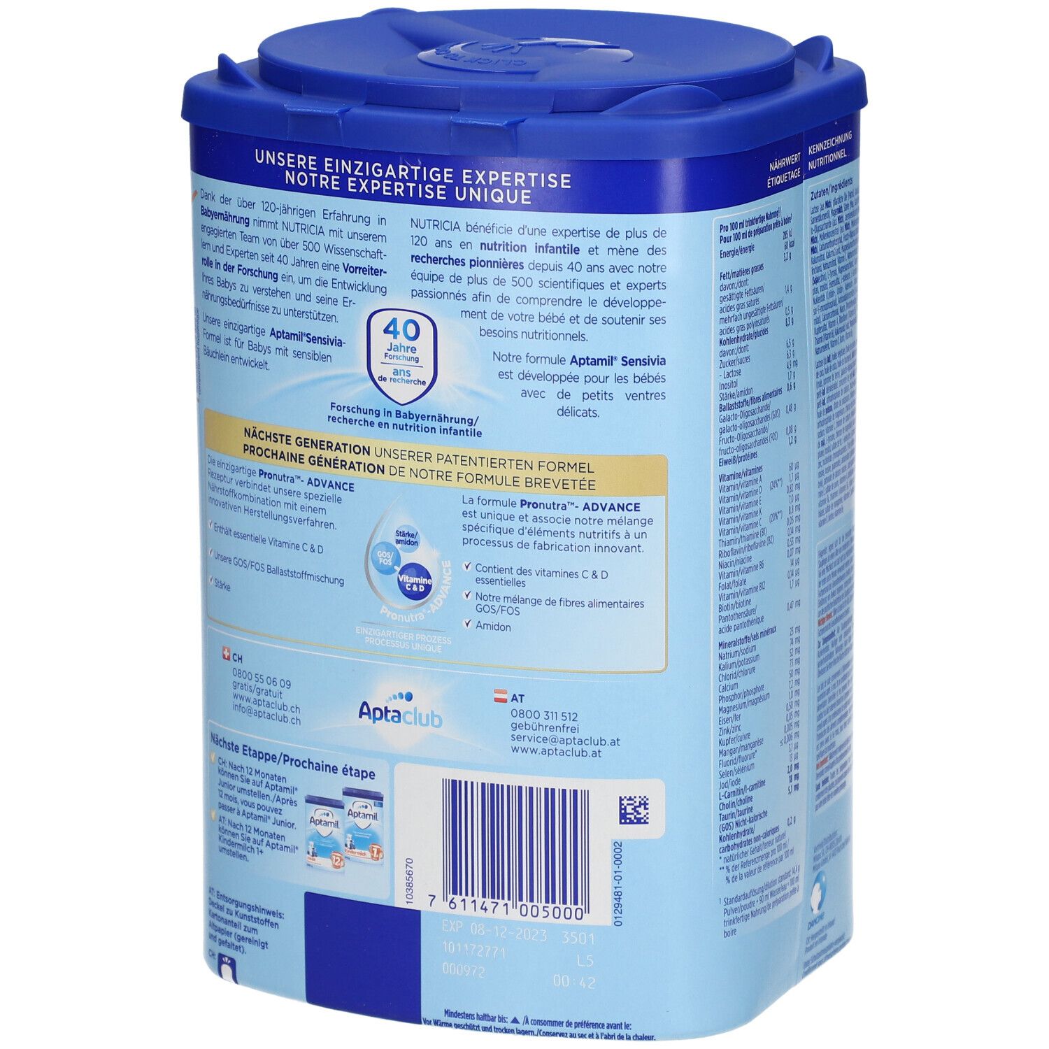 Dos de la boîte Aptamil Sensivia 2. Contient des informations sur la recherche, la formule et les ingrédients. Avec code QR et logo.