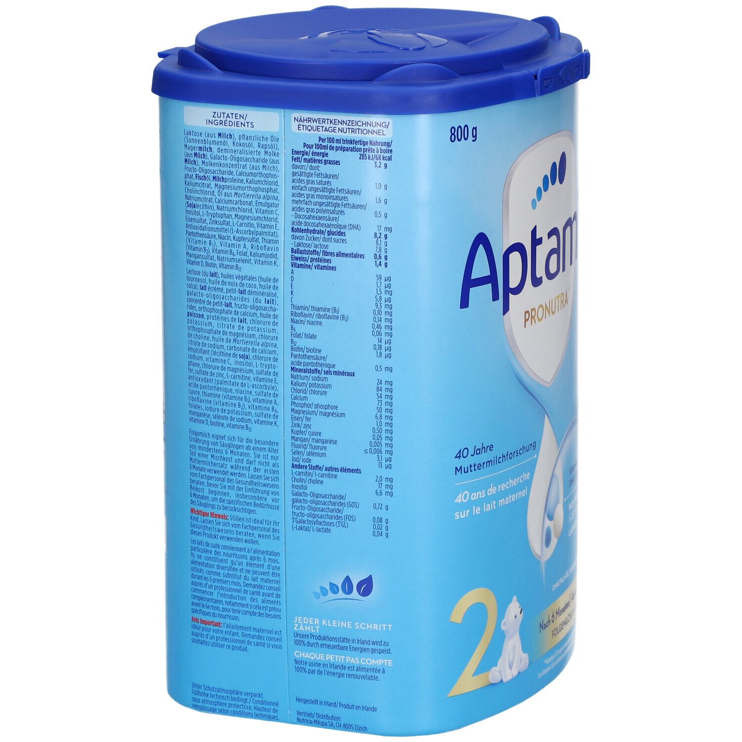 Dos de la boîte Aptamil Pronutra 2. Ingrédients, informations nutritionnelles. Boîte bleue avec couvercle. 800g. Texte en allemand.