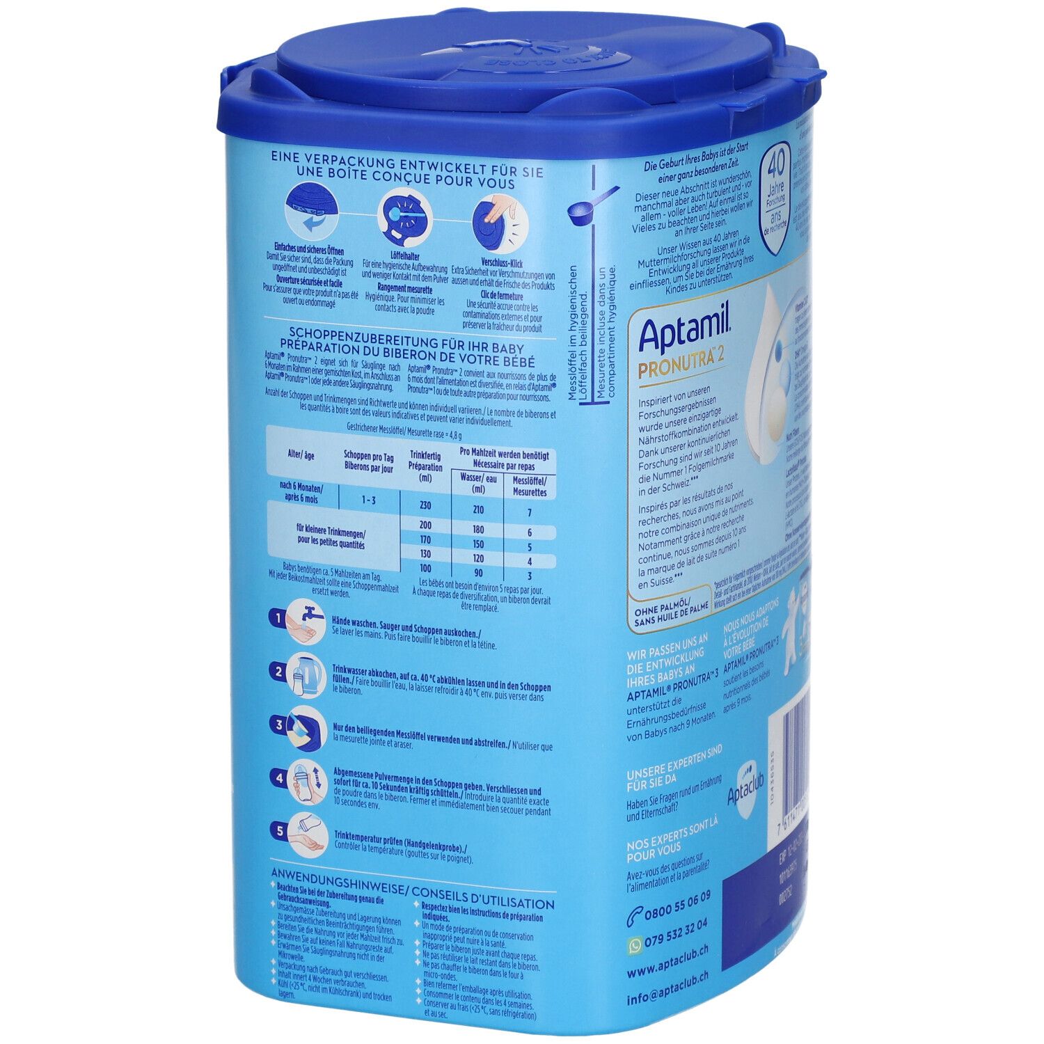Dos de la boîte Aptamil Pronutra 2. Instructions de dosage. Boîte bleue avec couvercle. 800g. Texte en allemand.