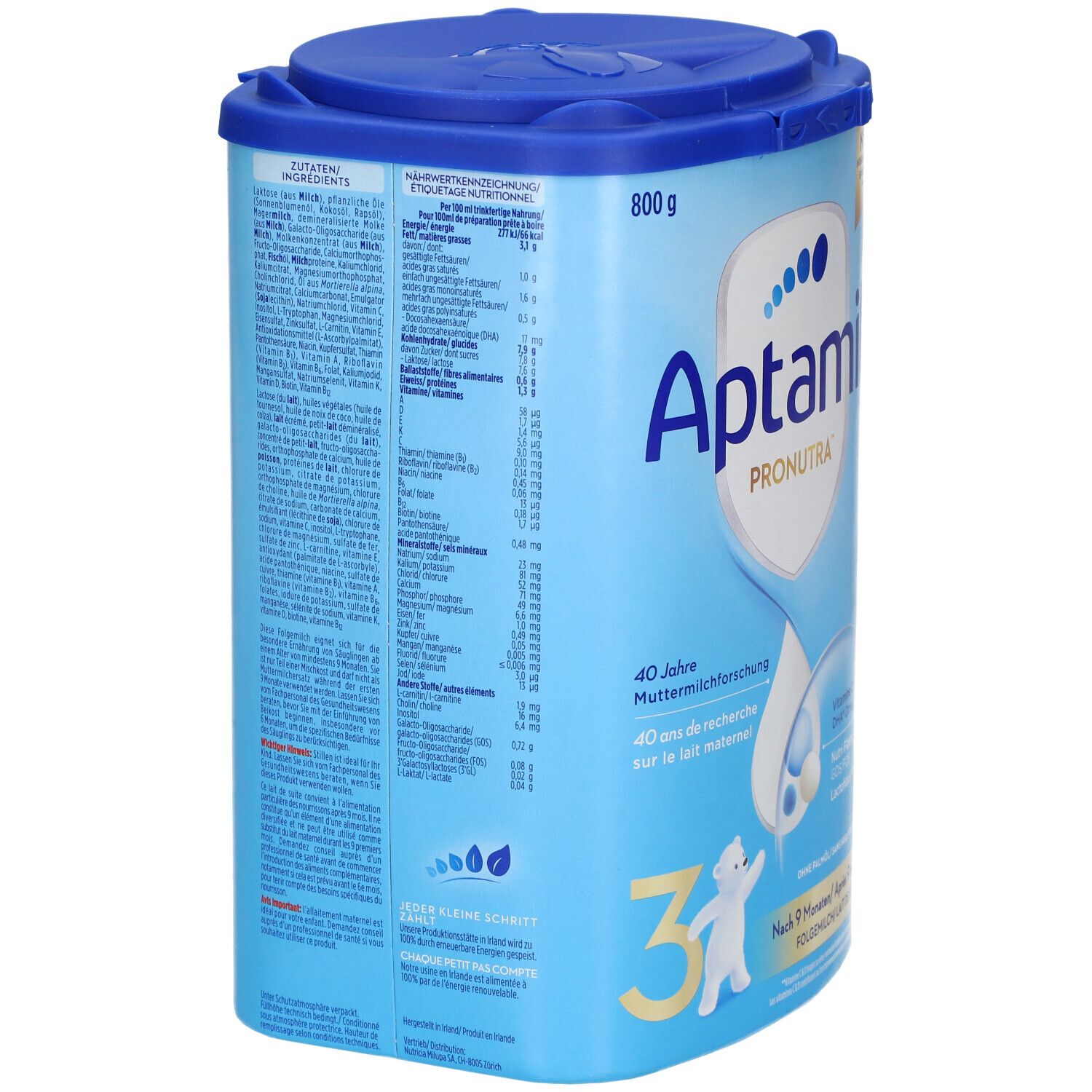 Boîte de lait de suite Aptamil Pronutra 3. Dos avec informations nutritionnelles. Contient vitamines et minéraux. 800g.