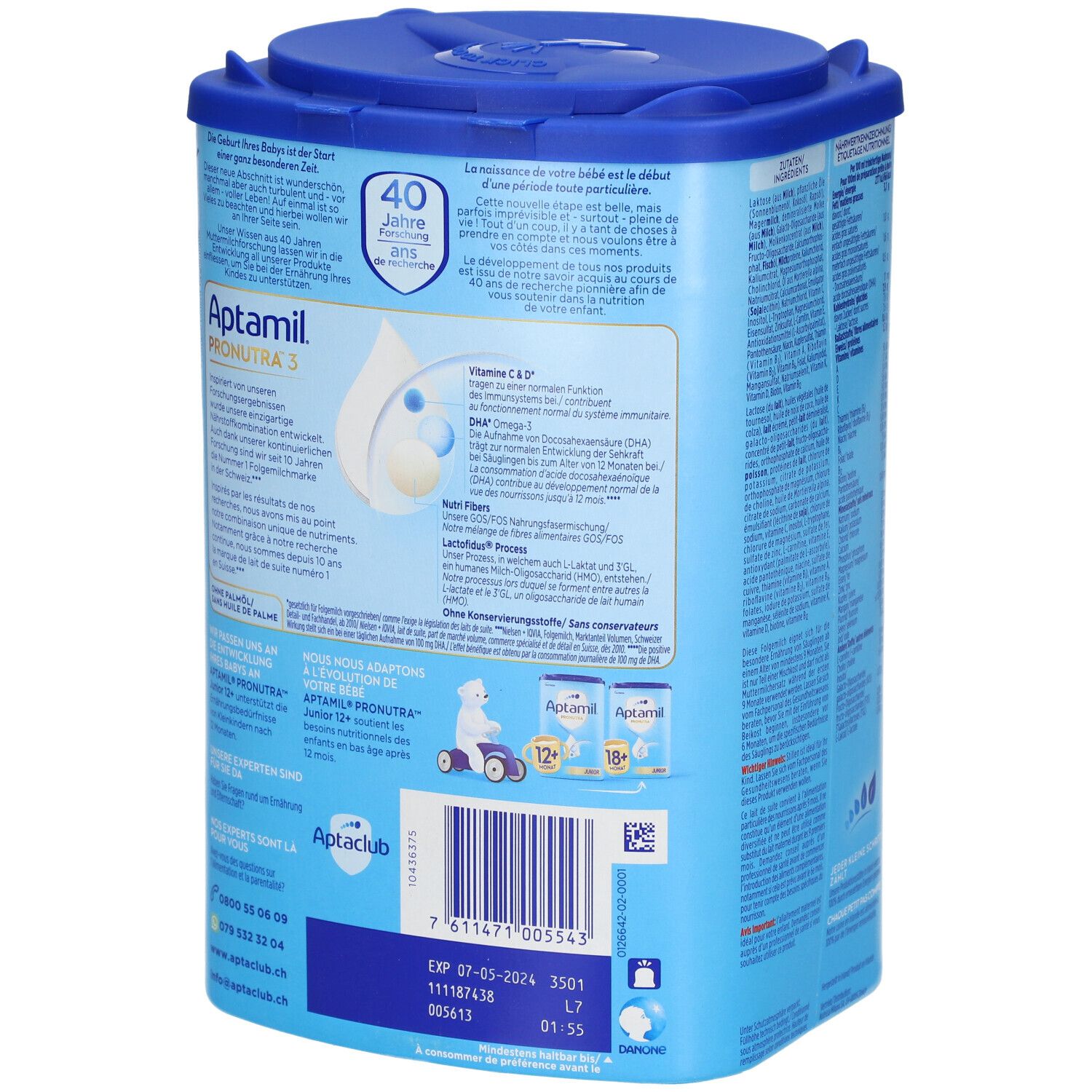 Boîte de lait de suite Aptamil Pronutra 3. Dos avec informations. Contient des informations sur la préparation et les ingrédients.