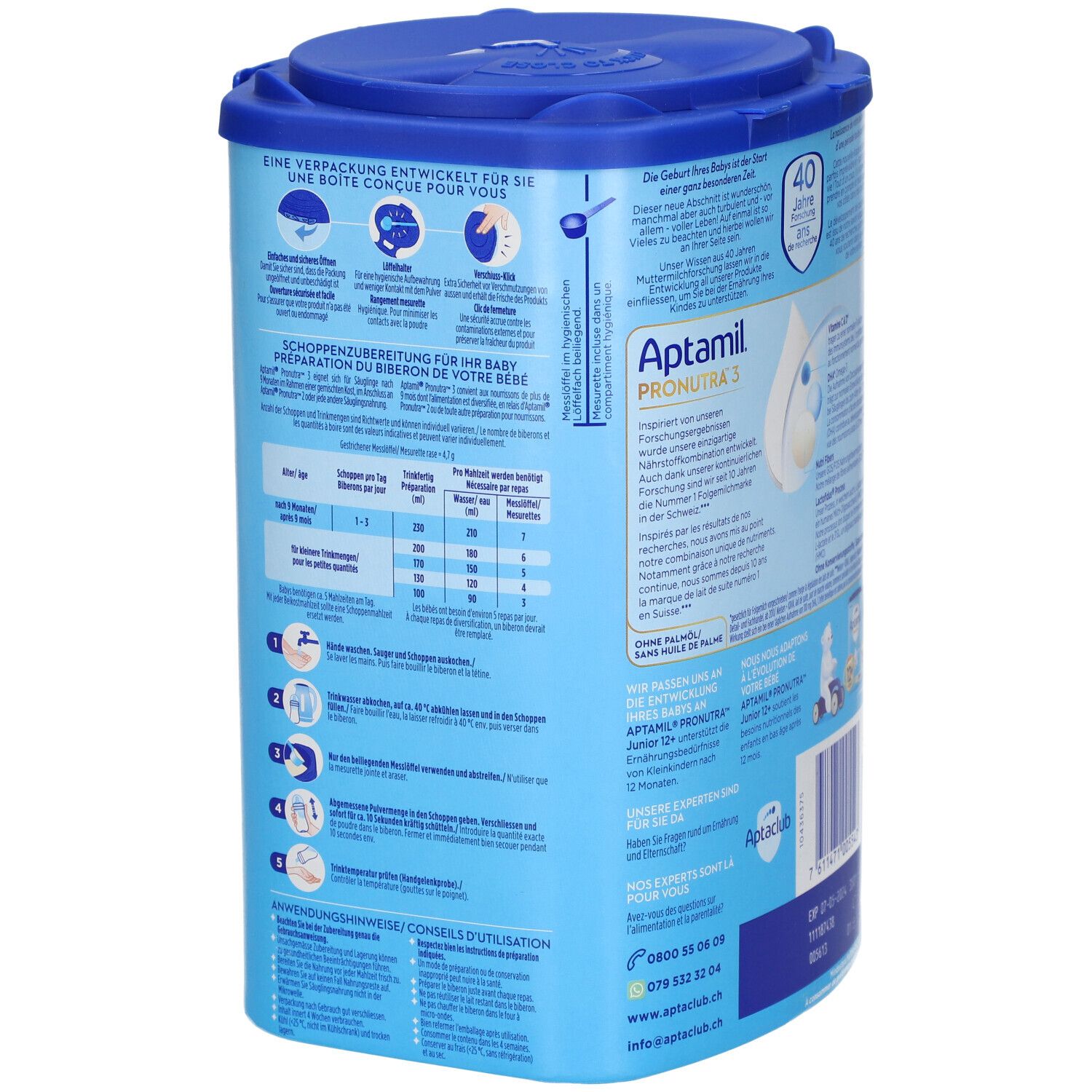 Boîte de lait de suite Aptamil Pronutra 3. Côté avec instructions de préparation. Contient des informations sur le dosage et la préparation.