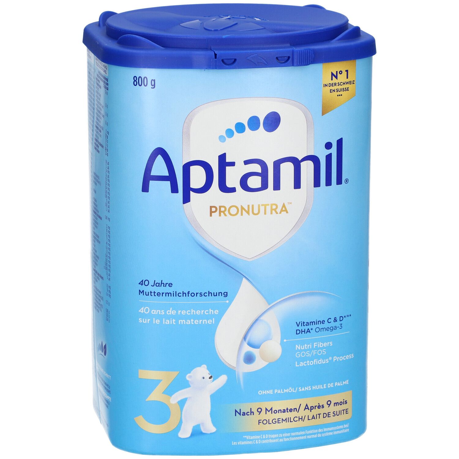Boîte de lait de suite Aptamil Pronutra 3. Bleu et blanc, avec couvercle. Contient Vitamine C & D, DHA Oméga-3, Nutri Fibers. 800g.