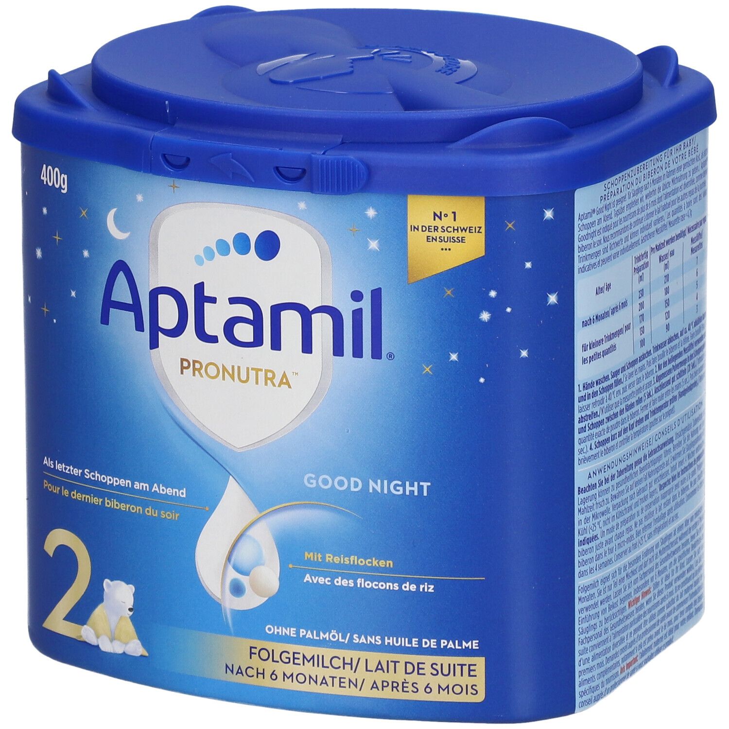 Boîte bleue Aptamil Pronutra Good Night, 400g. Avec flocons de riz. Pour bébés dès 6 mois. Couvercle avec fermeture.
