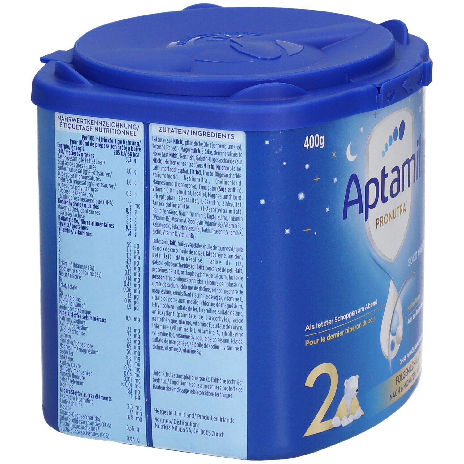 Boîte bleue Aptamil Pronutra Good Night. Dos avec informations nutritionnelles et ingrédients. 400g. Couvercle.