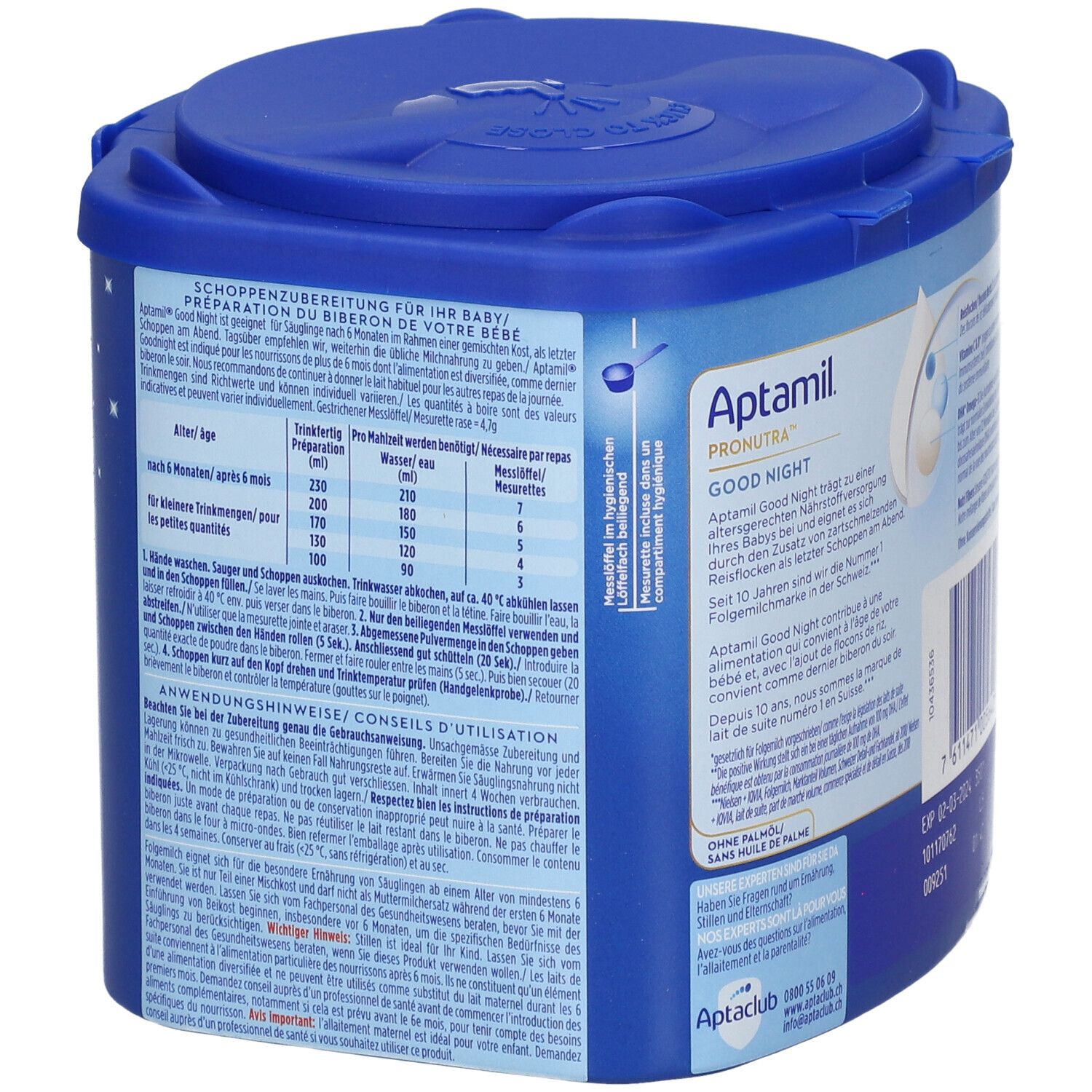 Boîte bleue Aptamil Pronutra Good Night. Dos avec instructions de préparation. Couvercle avec fermeture.