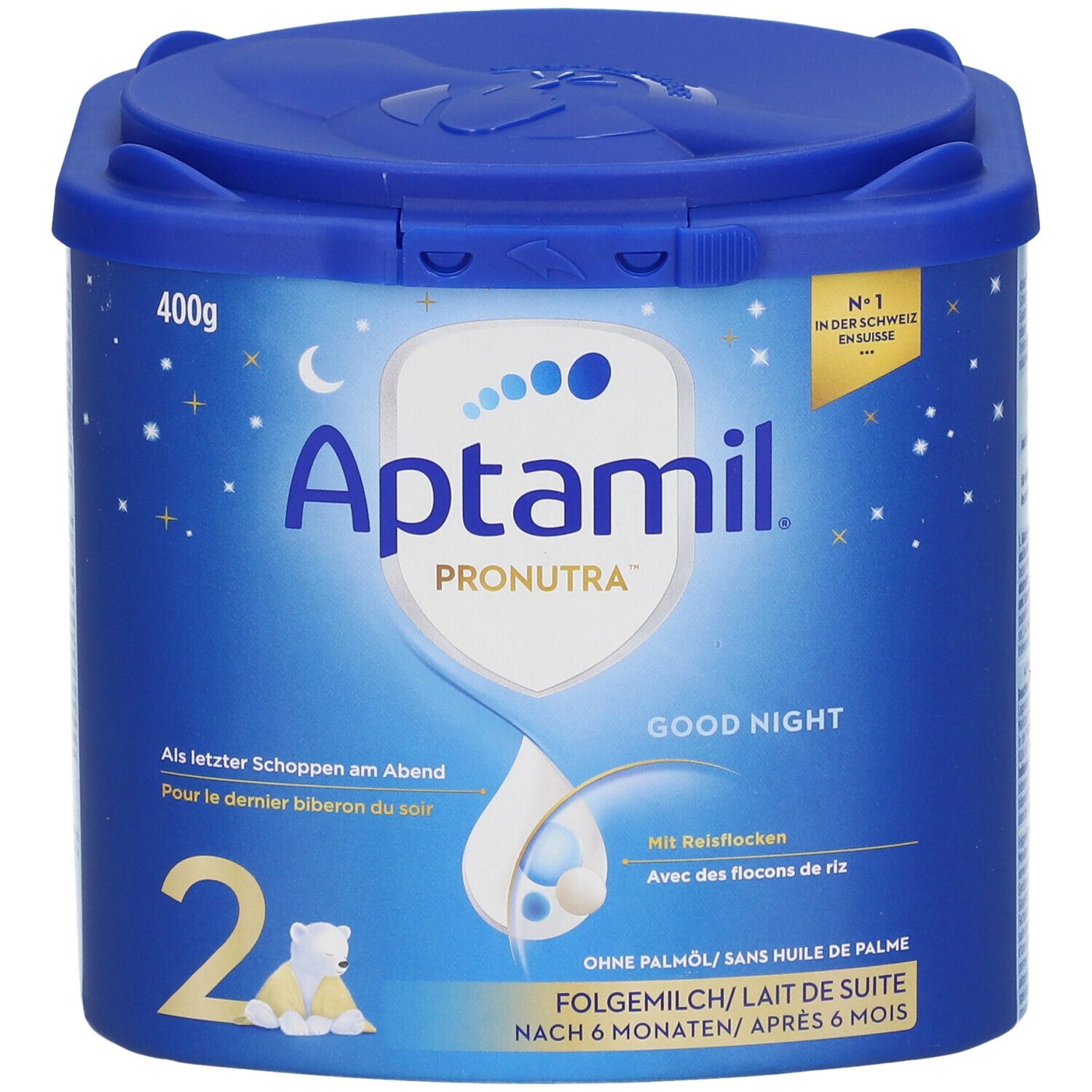 Boîte bleue Aptamil Pronutra Good Night, 400g. Avec flocons de riz. Pour bébés dès 6 mois. Couvercle avec fermeture.