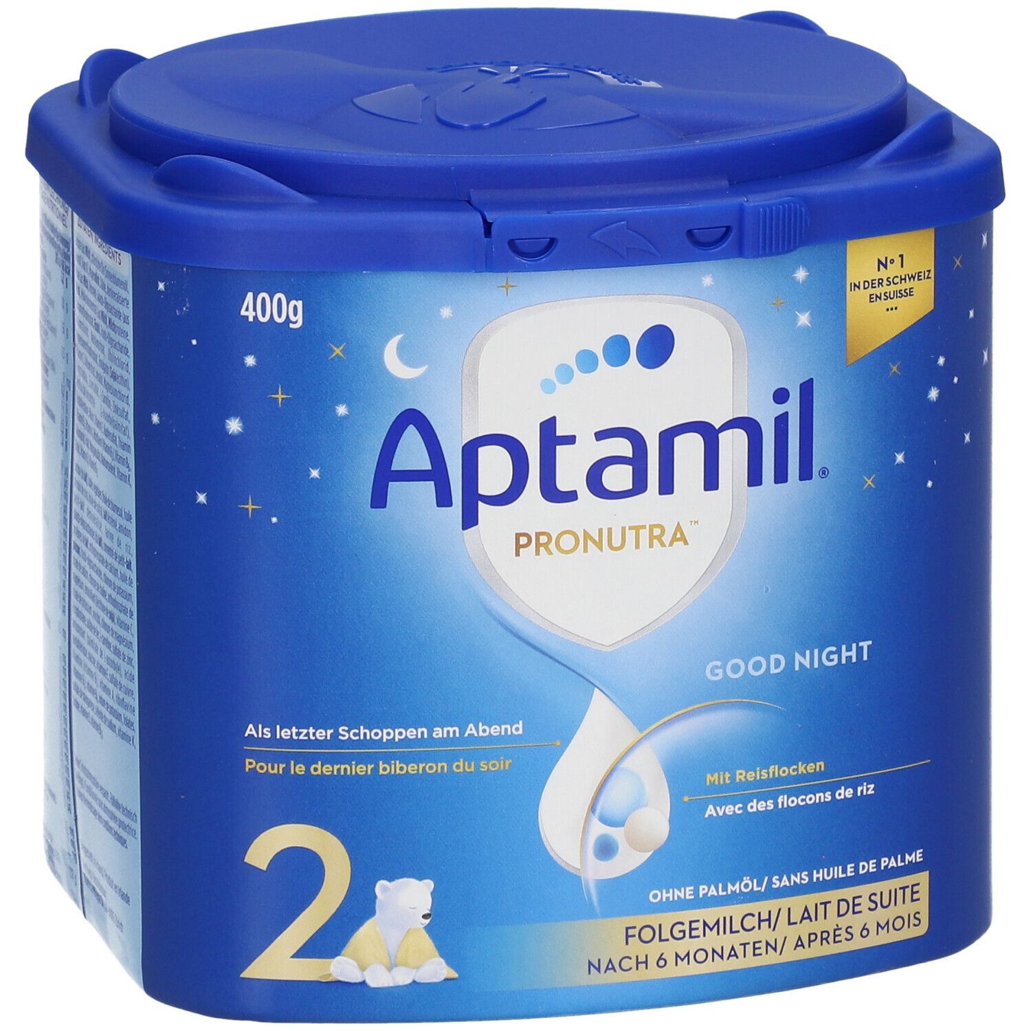 Boîte bleue Aptamil Pronutra Good Night, 400g. Avec flocons de riz. Pour bébés dès 6 mois. Couvercle avec fermeture.