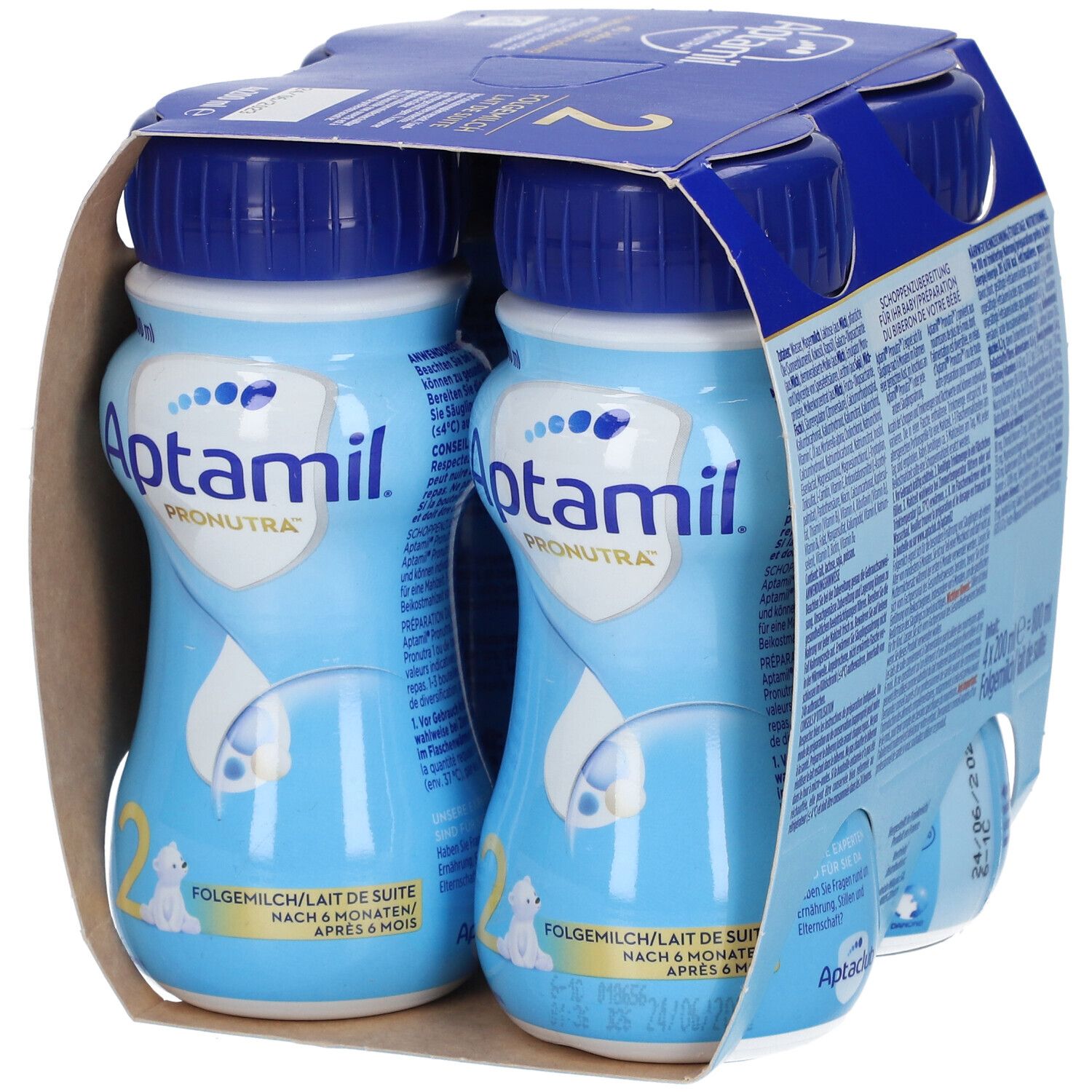 Emballage de deux bouteilles Aptamil 2 Lait de suite. Bouteilles bleues avec bouchons bleus, dans un emballage en carton. Inscriptions : Aptamil, 2, Lait de suite.