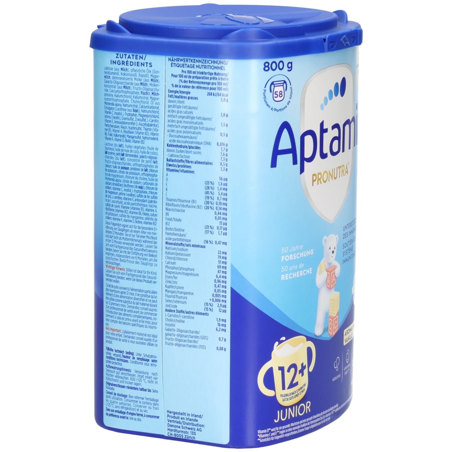 Aptamil Pronutra Junior 12+ Vanille. Boîte bleue avec couvercle. Contient 800g. Dos avec informations nutritionnelles et liste des ingrédients.