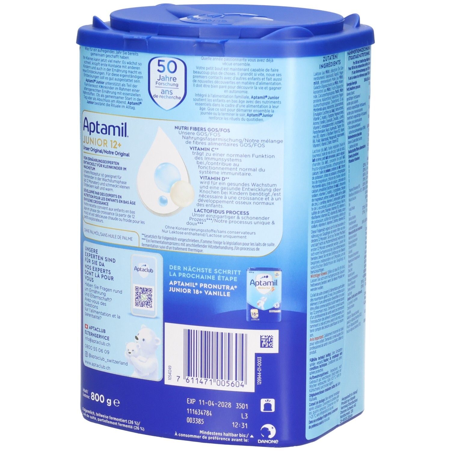 Aptamil Pronutra Junior 12+ Vanille. Boîte bleue avec couvercle. Contient 800g. Dos avec informations d'utilisation et fabricant.