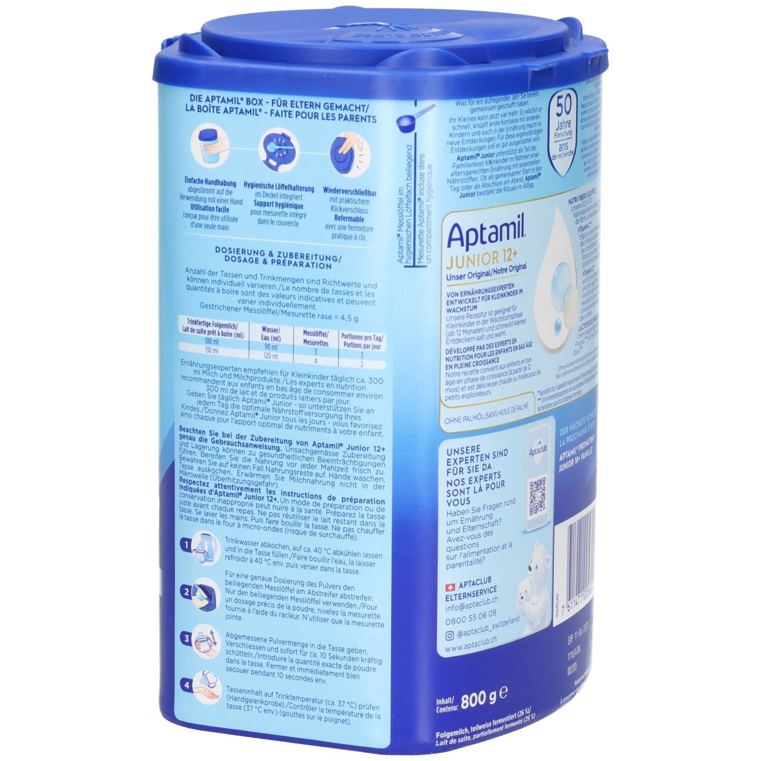 Aptamil Pronutra Junior 12+ Vanille. Boîte bleue avec couvercle. Contient 800g. Côté avec instructions de préparation et utilisation.