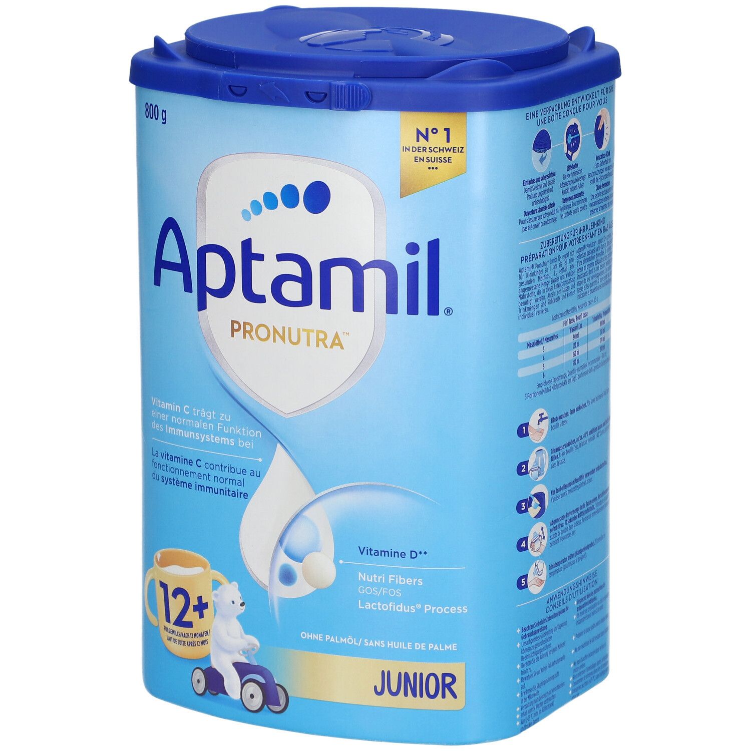 Boîte bleue Aptamil Pronutra Junior 12+. Contient vitamine C et D. 800g. Avec couvercle.