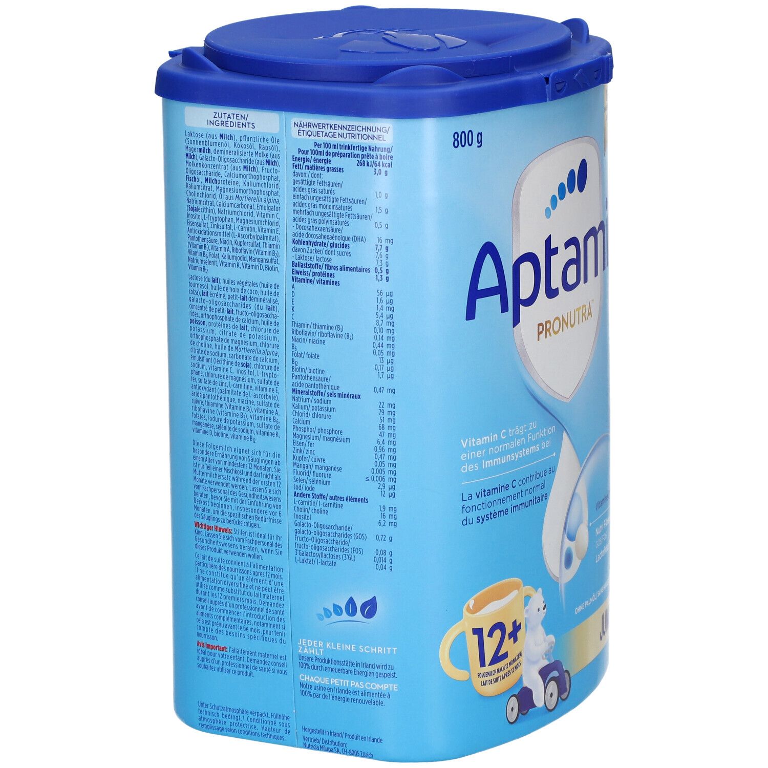 Dos de la boîte Aptamil Pronutra Junior 12+. Contient informations nutritionnelles et ingrédients. 800g.