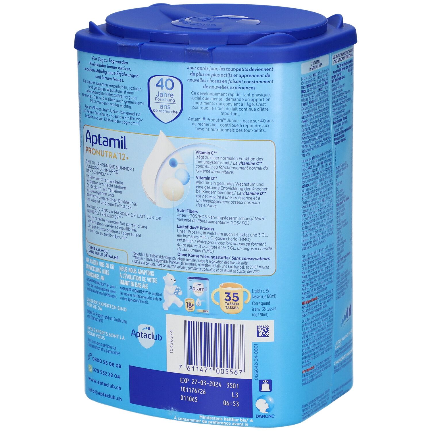 Dos de la boîte Aptamil Pronutra Junior 12+. Contient informations d'utilisation et ingrédients.