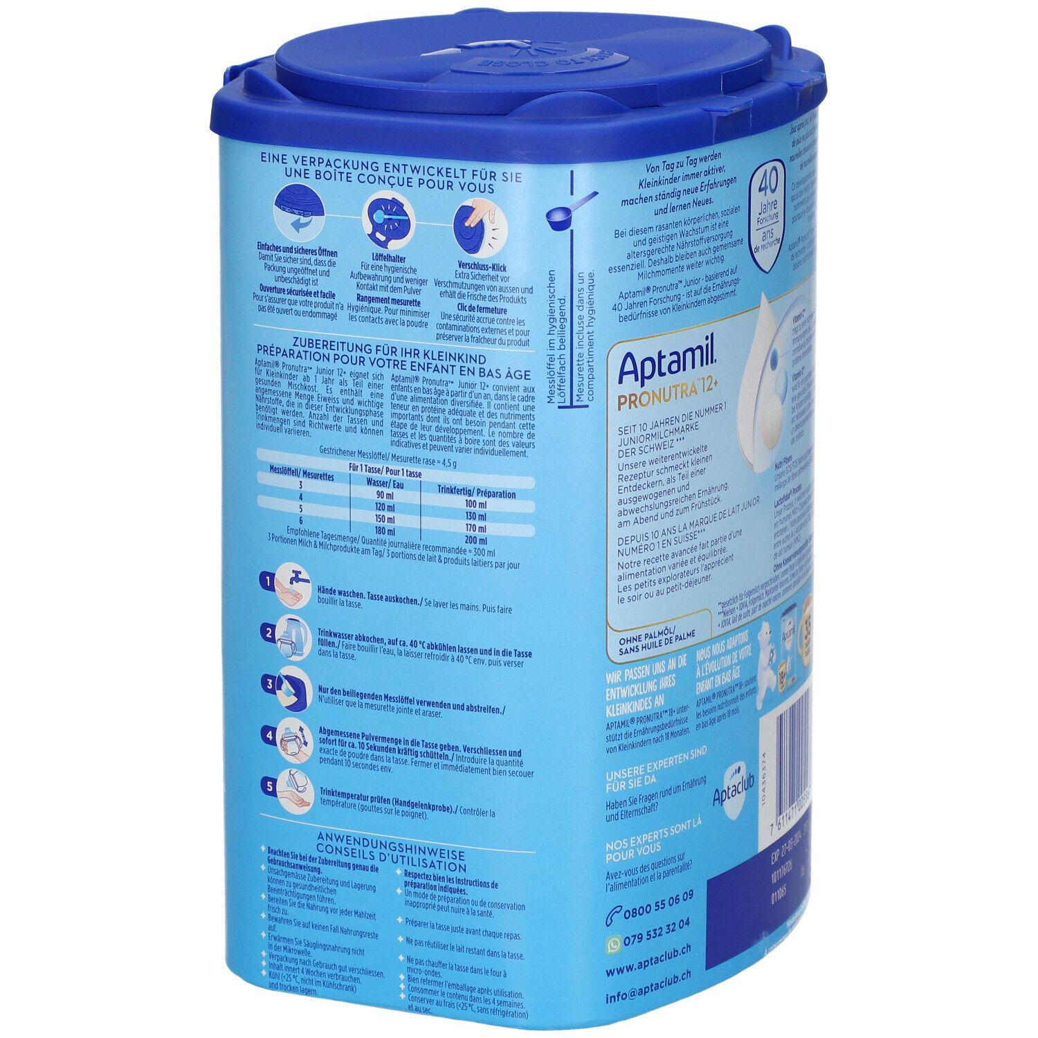 Dos de la boîte Aptamil Pronutra Junior 12+. Contient informations de préparation et d'utilisation.