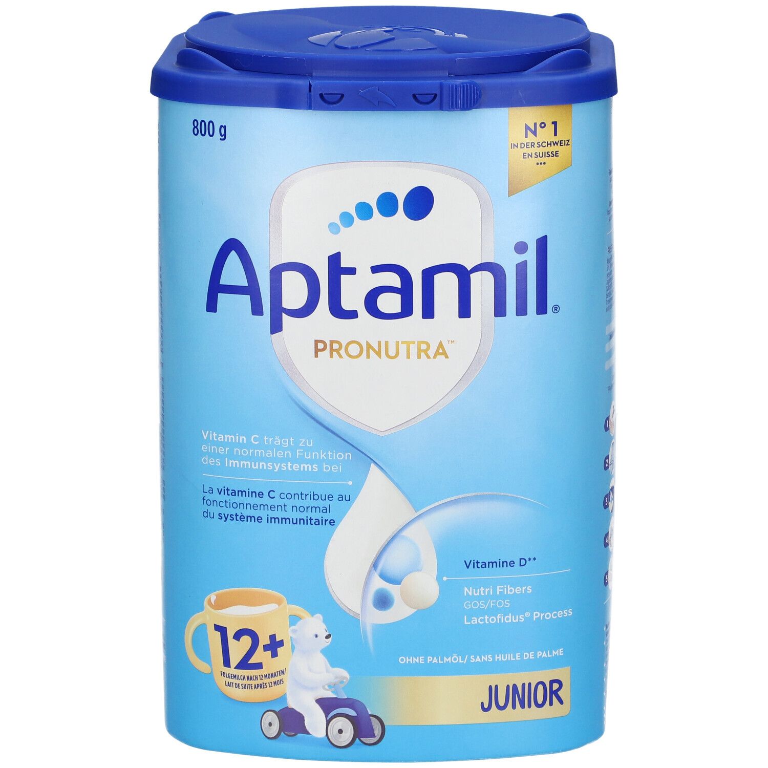 Boîte bleue Aptamil Pronutra Junior 12+. Contient vitamine C et D. 800g. Avec couvercle.
