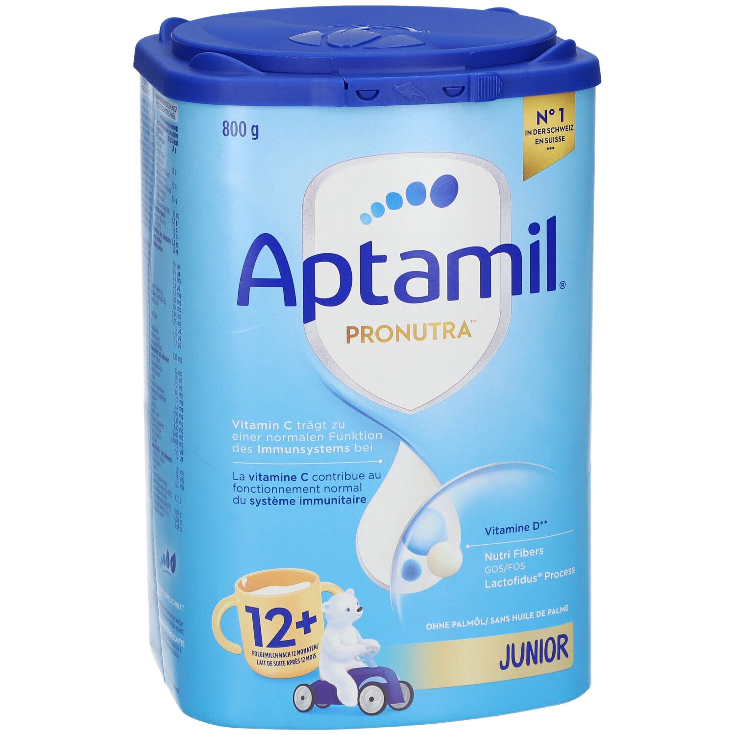 Boîte bleue Aptamil Pronutra Junior 12+. Contient vitamine C et D. 800g. Avec couvercle.