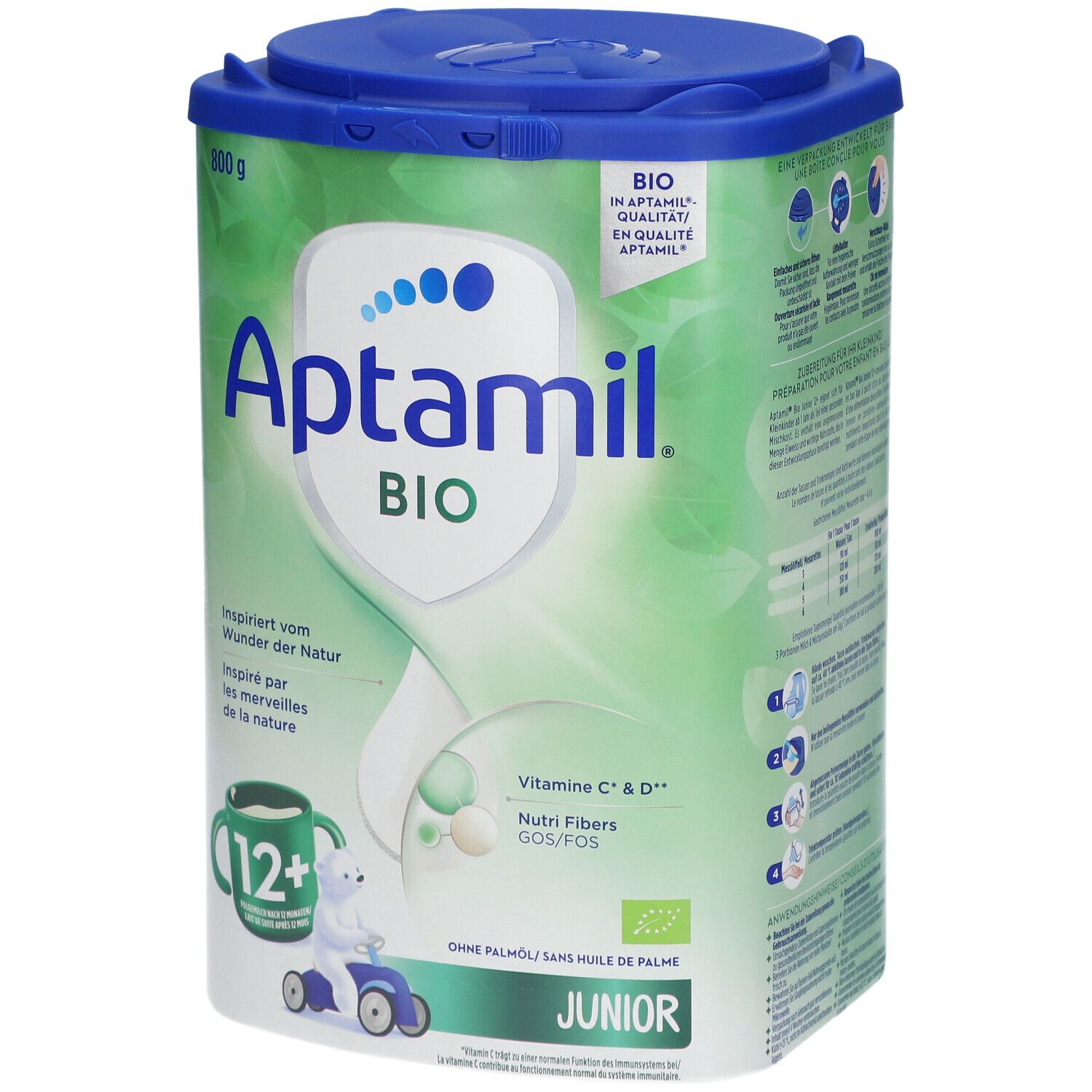 Aptamil Bio Junior 12+ doos. Groen-wit, met blauw deksel. Bevat Vitamine C & D, Nutri Fibers GOS/FOS. Bio-kwaliteit.