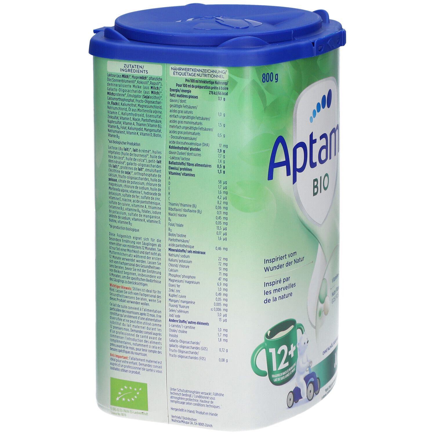 Aptamil Bio Junior 12+ doos. Achterkant met voedingswaarde en ingrediëntenlijst. Bio-keurmerk.