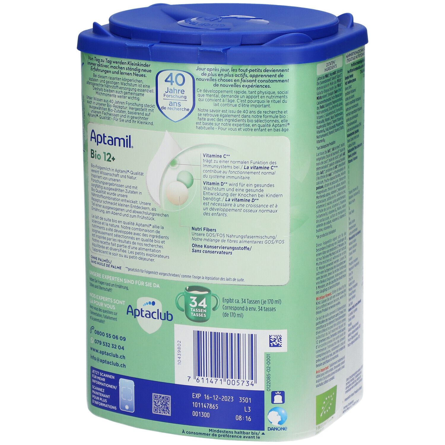 Aptamil Bio 12+ doos. Achterkant met informatie, bereidingswijze en contactgegevens. Bio-keurmerk.