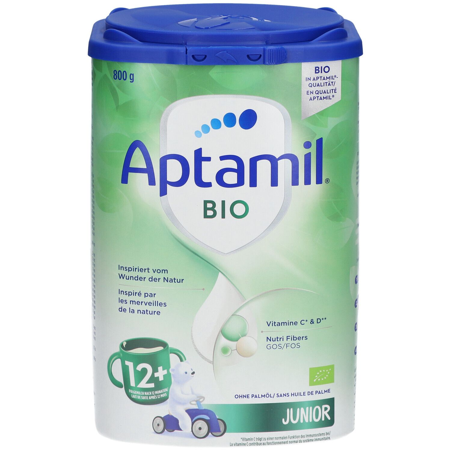 Aptamil Bio Junior 12+ doos. Groen-wit, met blauw deksel. Bevat Vitamine C & D, Nutri Fibers GOS/FOS. Bio-kwaliteit.