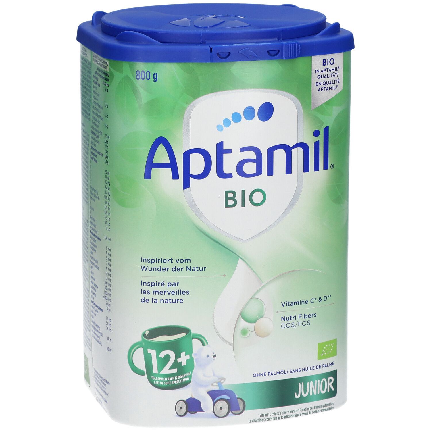 Aptamil Bio Junior 12+ doos. Groen-wit, met blauw deksel. Bevat Vitamine C & D, Nutri Fibers GOS/FOS. Bio-kwaliteit.