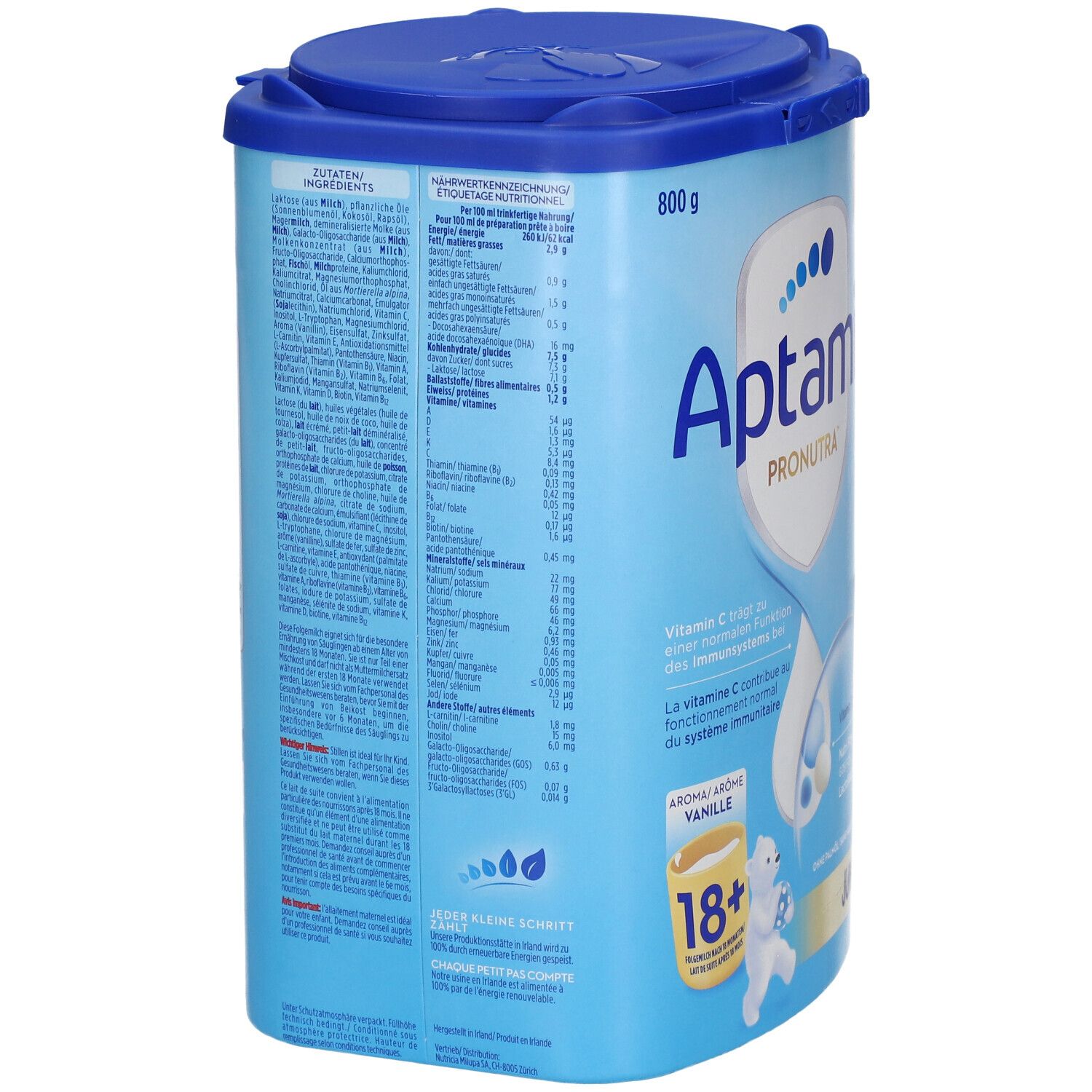 Dos de la boîte. Liste des ingrédients, informations nutritionnelles. Aptamil Pronutra, 18+ Vanille, Junior. 800g. Vitamine C et D.