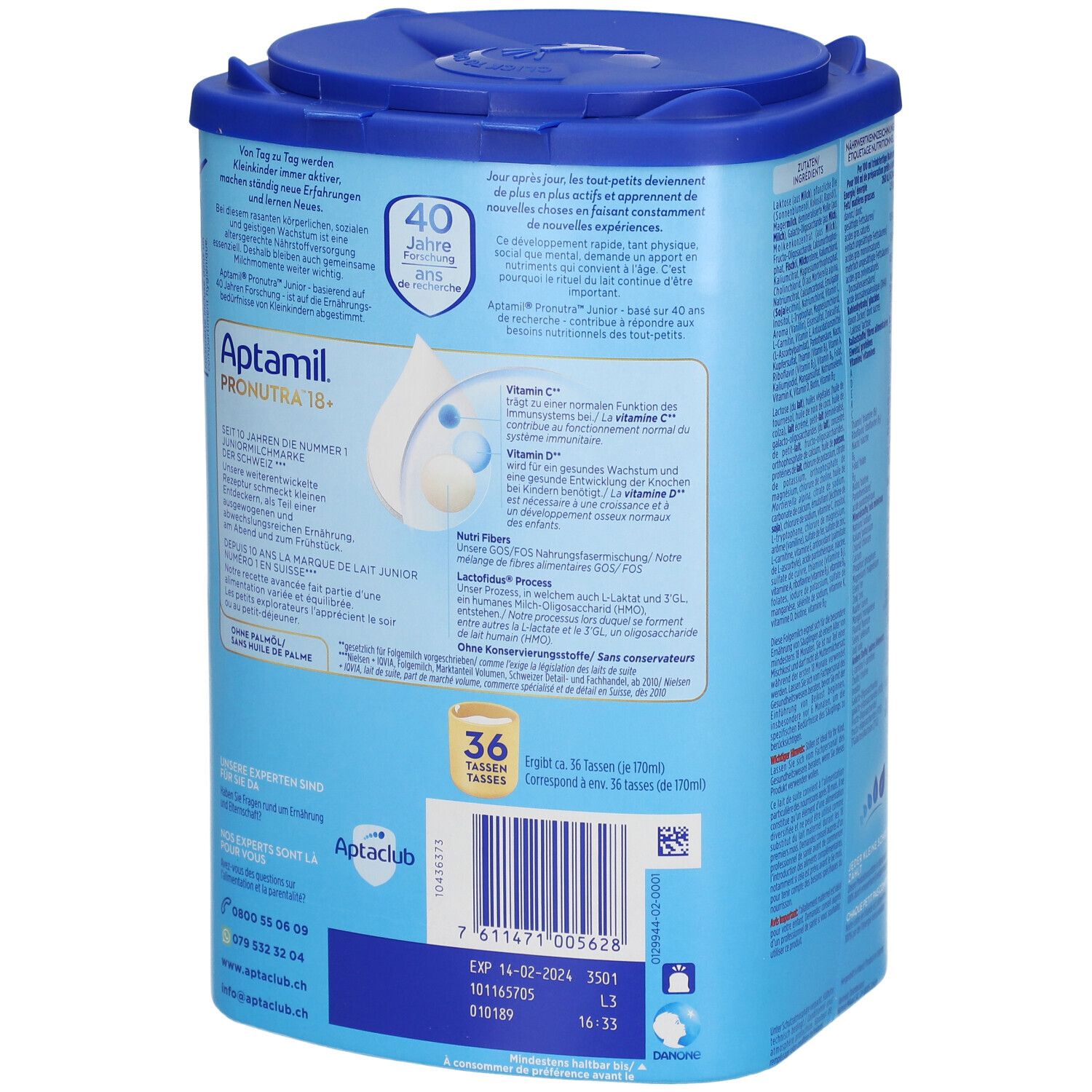 Dos de la boîte. Aptamil Pronutra 18+ Junior. 36 portions. Informations de préparation. Vitamine C et D.