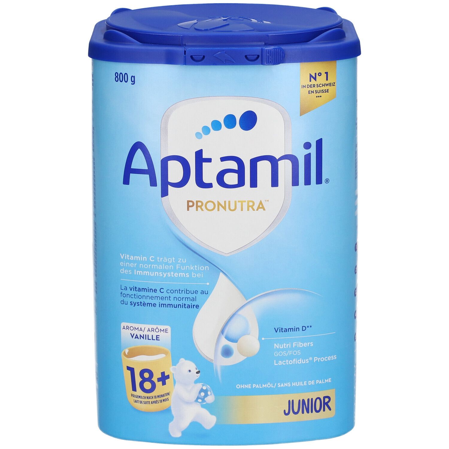 Boîte bleu clair avec couvercle. Aptamil Pronutra, 18+ Vanille, Junior. Contient Vitamine C et D. 800g. Illustration ours.