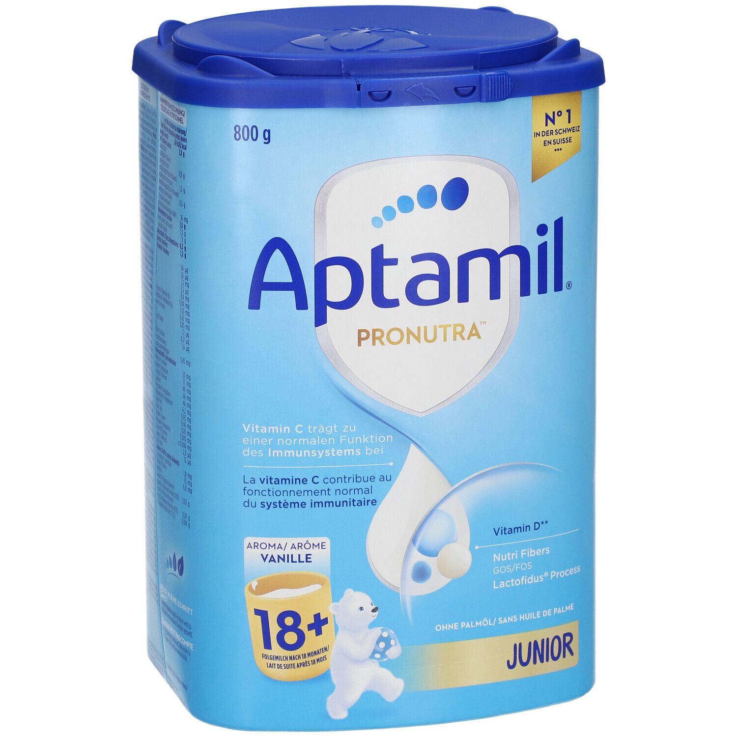 Boîte bleu clair avec couvercle. Aptamil Pronutra, 18+ Vanille, Junior. Contient Vitamine C et D. 800g. Illustration ours.