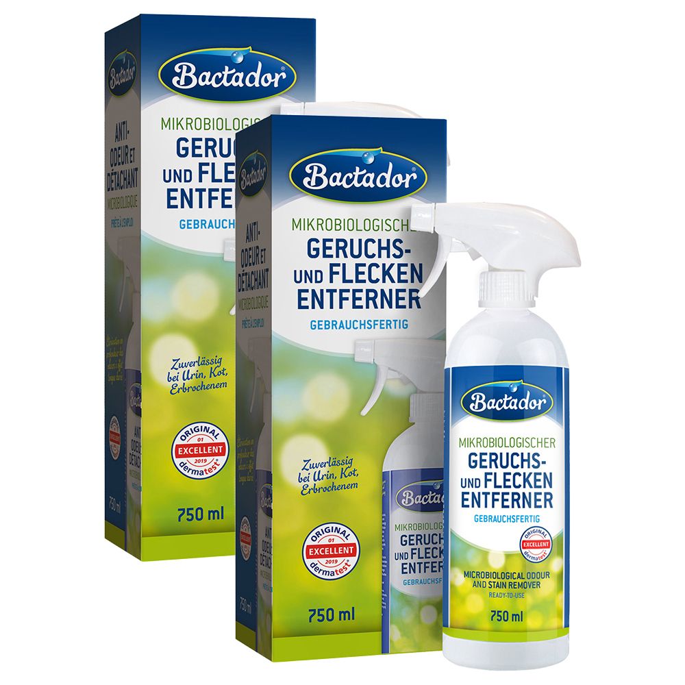 Deux sprays Bactador anti-odeurs et détachant avec emballage. Inscription : Microbiologique, prêt à l'emploi, 750 ml.