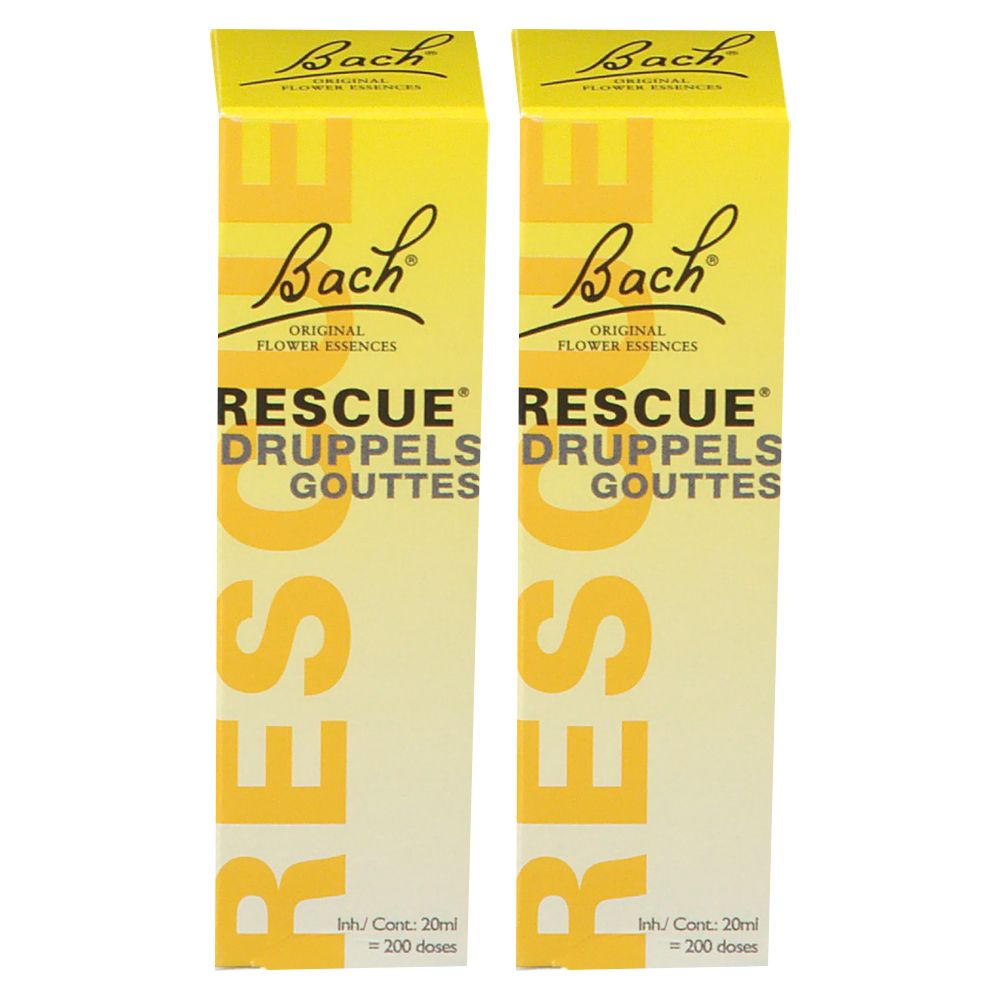 Deux boîtes jaunes avec "Bach RESCUE". Contient des gouttes. Avec logo et texte.