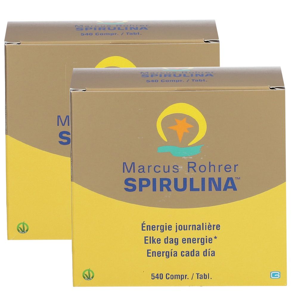 Twee dozen Marcus Rohrer Spirulina. Opdruk: logo, productnaam, tekst in het Frans, Nederlands en Spaans. 540 tabletten.