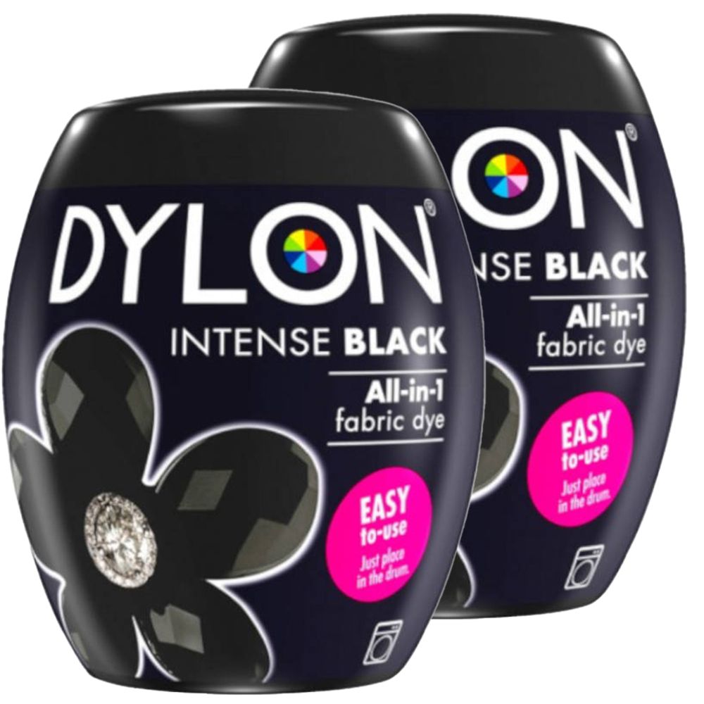 Deux emballages noirs de teinture textile DYLON. Inscription : INTENSE BLACK, All-in-1 fabric dye. Avec logo coloré et « EASY to-use ».