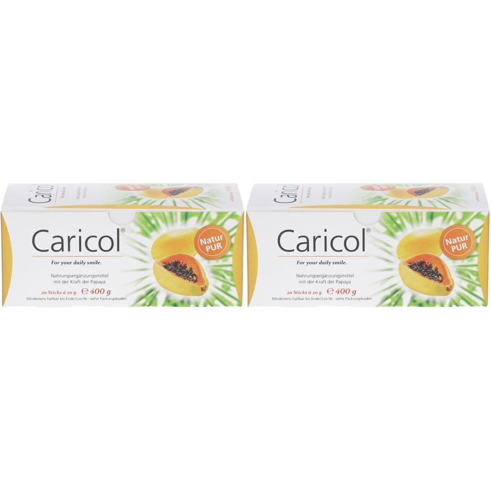 Twee dozen Caricol®. Gele verpakking met papaja-afbeelding. Tekst: Natur PUR, 400g.