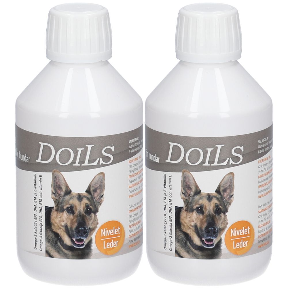 Deux bouteilles blanches avec bouchons à vis. Étiquettes avec "Doils" et un chien. Texte : Omega-3, EPA, DHA, ETA et vitamine E.