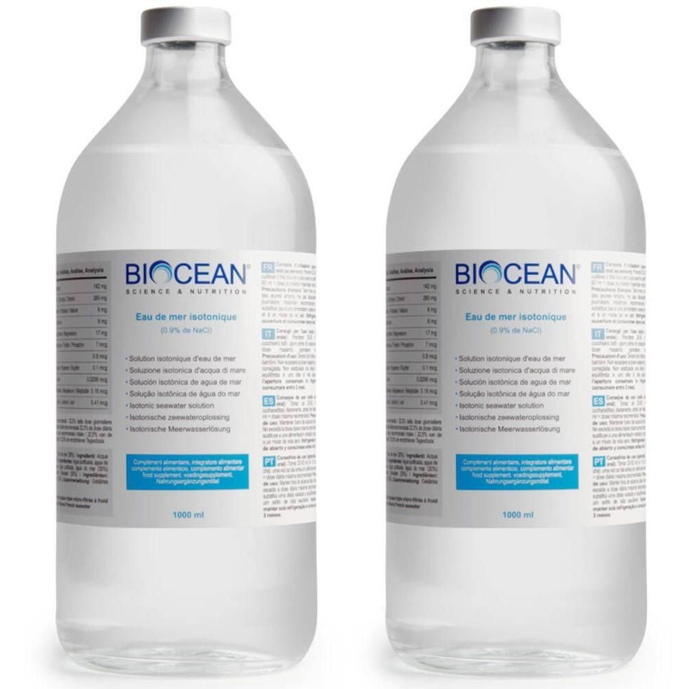 Twee glazen flessen met Biocean Isotonisch Zeewater, 1000 ml.