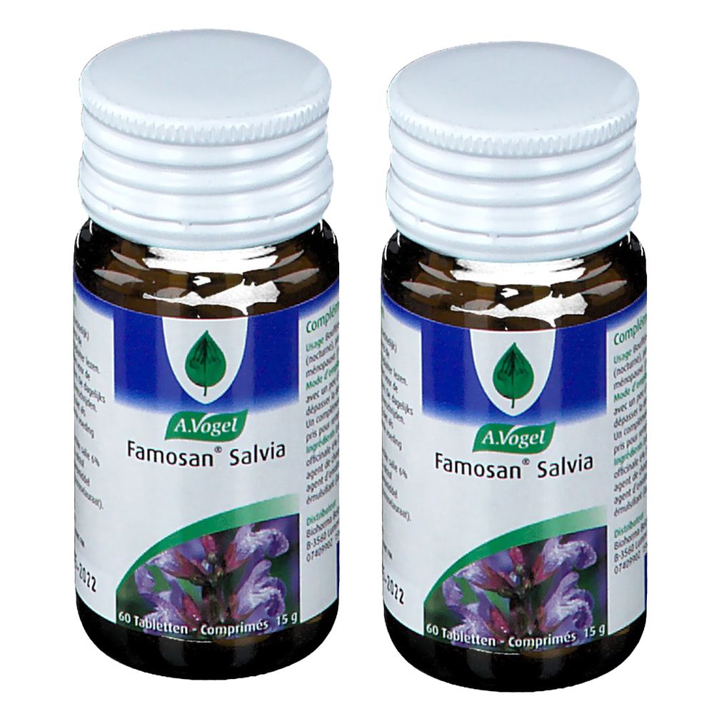 Twee flessen A. Vogel Famosan Salvia. Bruine glazen flessen met witte doppen en etiketten met productinfo.