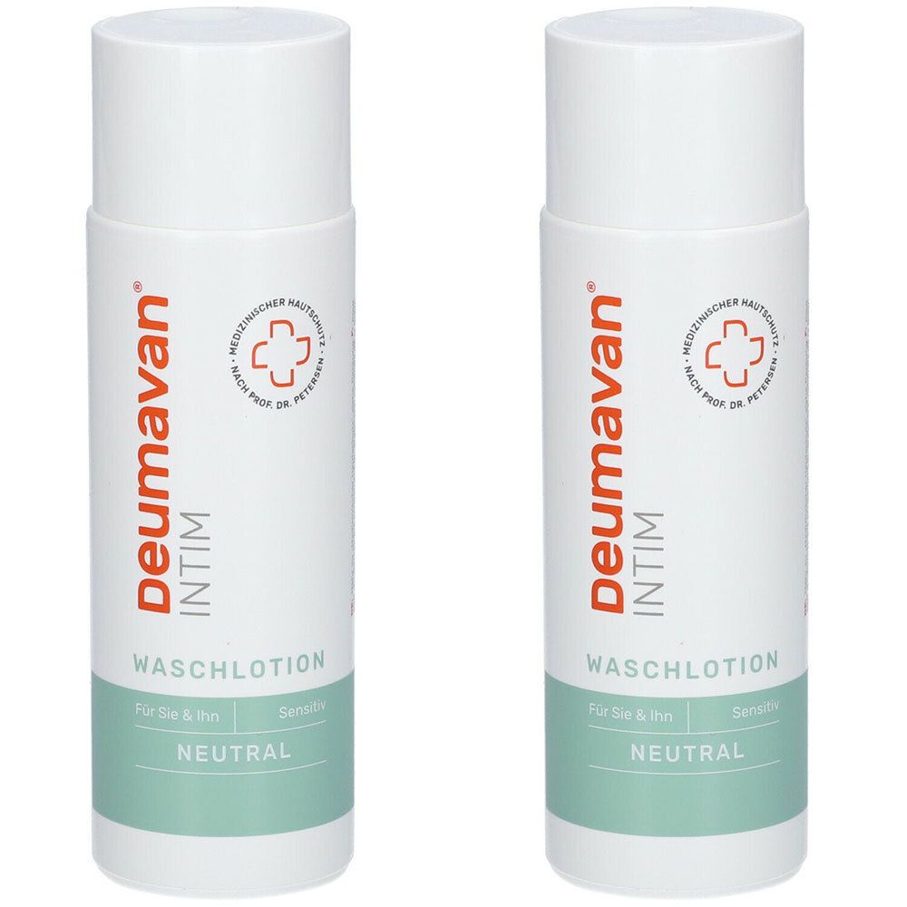 Twee witte flessen met rode en groene tekst. Opschrift: Deumavan Intim Waschlotion Neutral.
