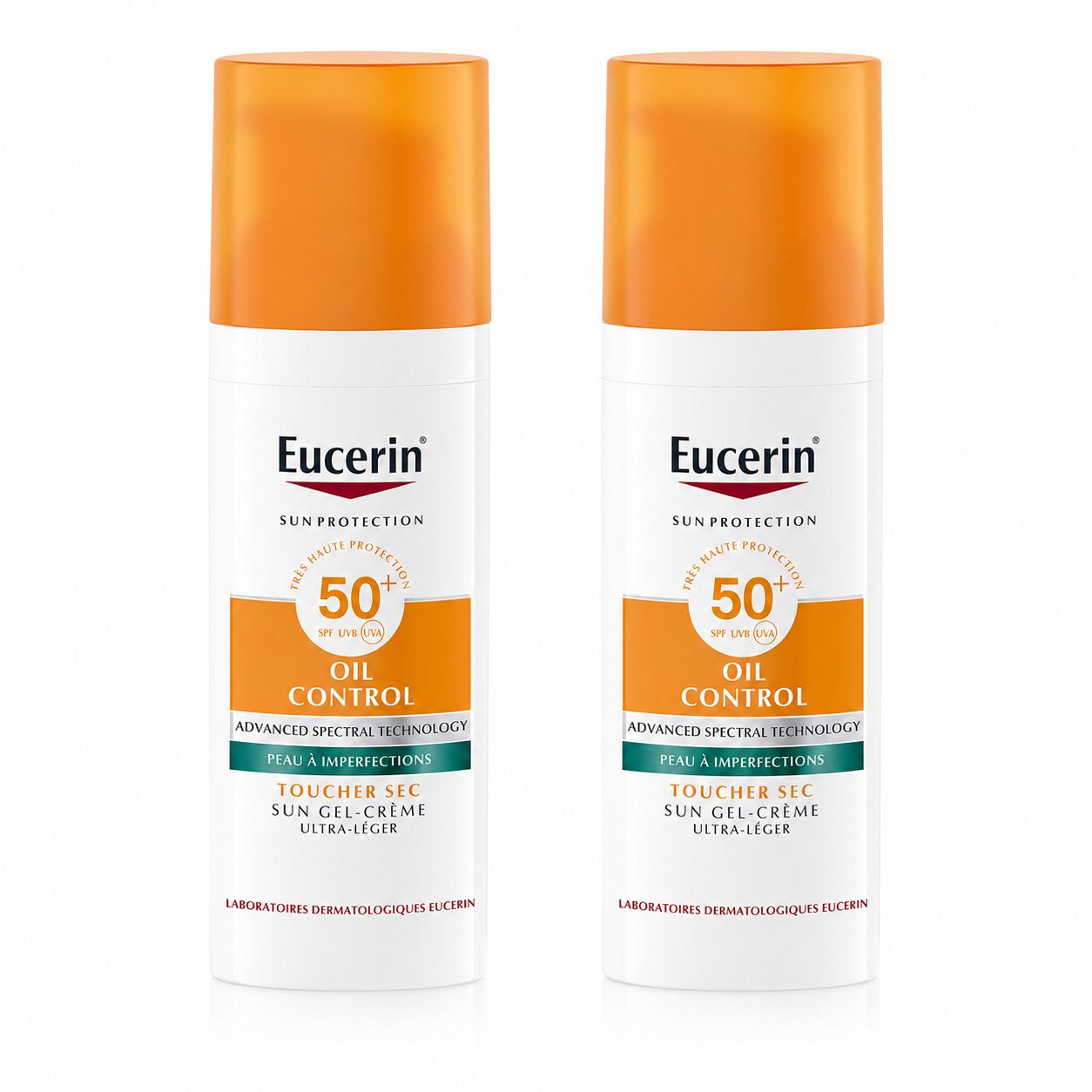 Eucerin Protection Solaire Oil Control SPF 50+ Gel-Crème et deux boîtes.