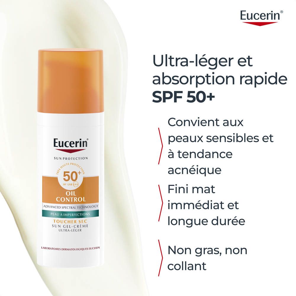 Deux flacons Eucerin Protection Solaire Oil Control SPF 50+.