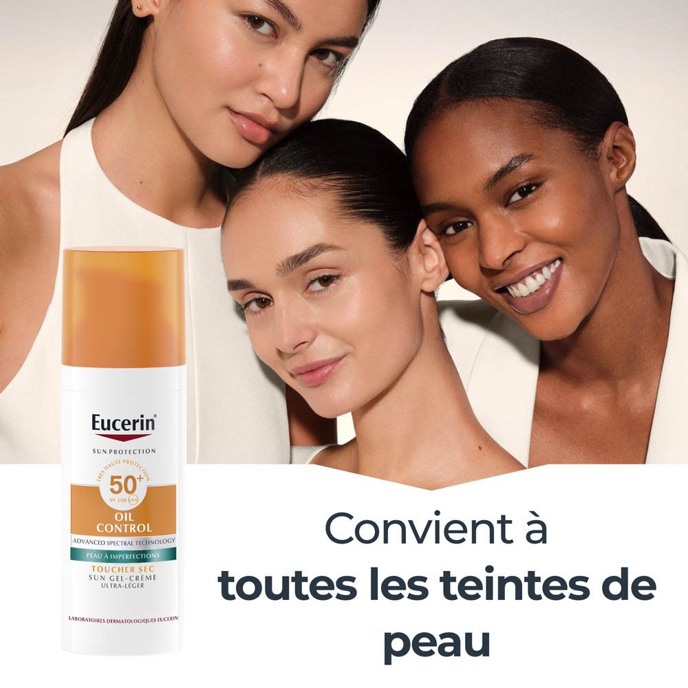 Eucerin Protection Solaire Oil Control SPF 50+ Gel-Crème avec texte sur ultra-légère, absorption rapide.